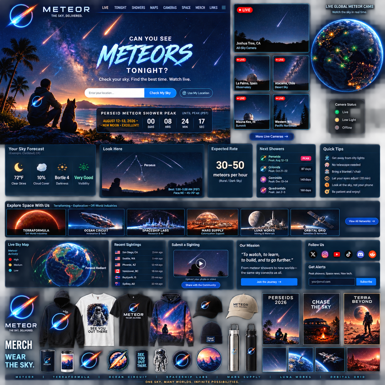 Meteor Watch space and merch visual direction